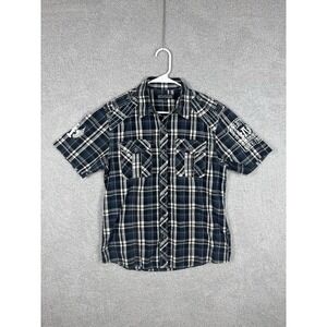 Affliction Shirt Mens L Blue Plaid Button Up Short‎ Sleeve Embroidered Buckle